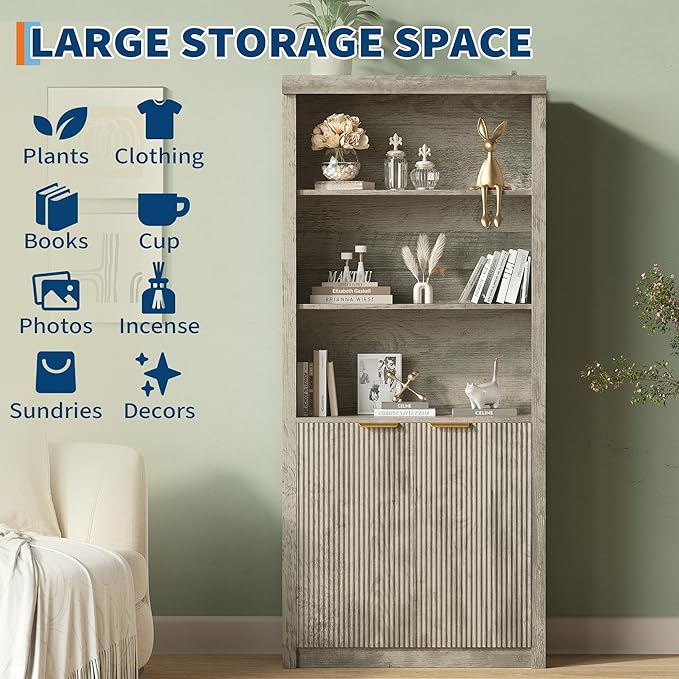 Garvee Tall Book Shelf and Bookcase, Wooden Bookcase with Doors, Modern Book Case with Large Storage Cabinet, 5-Shelf Bookcases with Adjustable top Shelve for Home Office, Living Room, 2 Set Grey