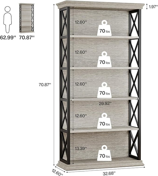 Tribesigns 6-Tier Bookcase, 71 Inches Industrial Bookshelves and Bookcases, Floor Standing 5 Shelf Display Storage Shelves Tall Bookcase for Home Office, Living Room, Bed Room, Grey