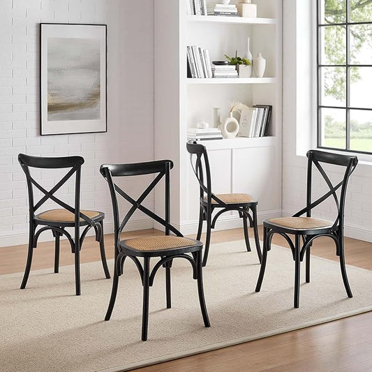 Modway Gear Rustic Modern Farmhouse Elm Wood Rattan Four Dining Chairs in Black