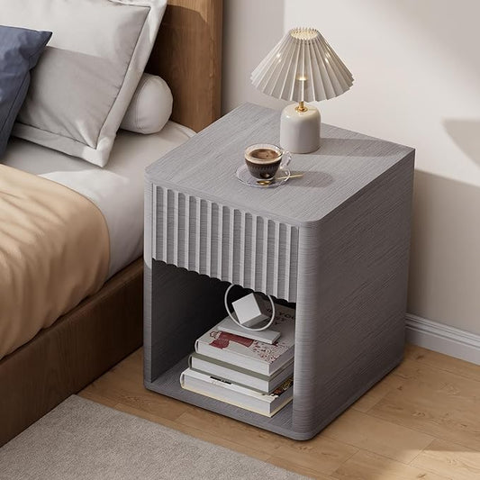 VICITON Fluted Narrow Night Stand,Thin Nightstand with Leather Surface, Small End Table with Storage, Living Room/Bed Side Table for Small Spaces (Light Gray, Large)