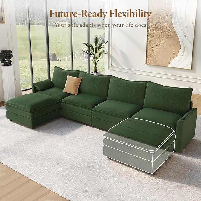 Vesgantti 142" Cloud Couch Sectional Modular Sofa, Comfy Sectional Couch with Ottoman Deep Seat Chenille L Shaped Sofa, Modular Couches for Living Room, Bedroom and Apartment, Green | Sink-in Comfort, Height Adjustable, Easy Rearrangement, Extra-deep O...