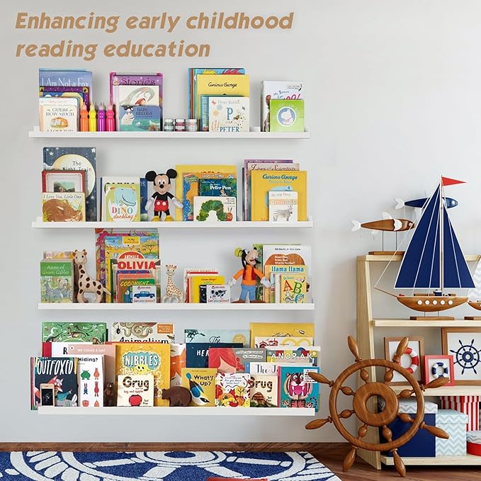 Forbena 48 Inch Floating Shelves for Wall Set of 4, Large White Picture Ledge Shelf for Living Room Photo Frames, Extra Long Wood Wall Shelves with Lip for Bedroom Hallway Office Nursery Kids Books