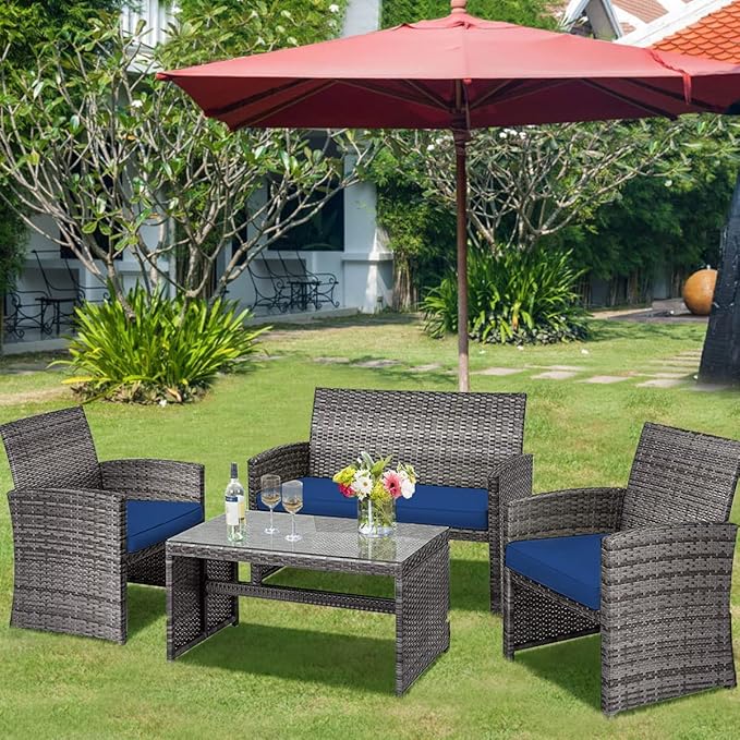 DORTALA 4 Piece Patio Furniture Set, Outdoor Wicker Conversation Set with Soft Cushions & Tempered Glass Coffee Table, Rattan Patio Sofa Bistro Sets for Courtyard Balcony, Navy