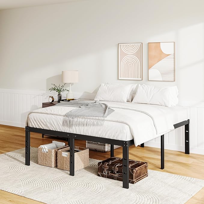DTIG 18 Inch Queen Bed Frame No Box Spring Needed, Metal Platform Bed Frame Queen Size, Easy Assembly Heavy Duty Noise Free Tall Bed Frame, Black