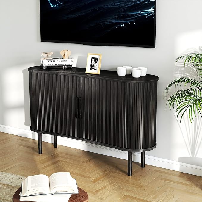 Mid-Century Modern Sideboard Buffet Cabinet, 55" Storage Cabinet with 4 cabinets, Decorative Fluted Sliding Doors for Bedroom Dining Room Small Space, Walnut Finish, Black