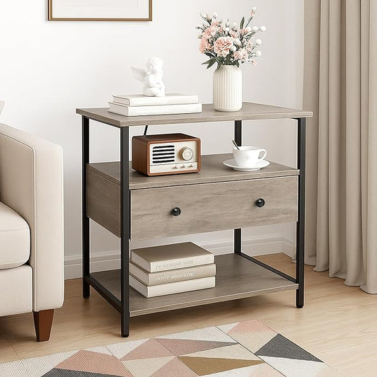 27 Inch Wide Night Stand with Charging Station, Wood Nightstand with Open Shelf, Large Drawer Bedside Table for Living Room/Bedroom/Office (Rustic Gray)