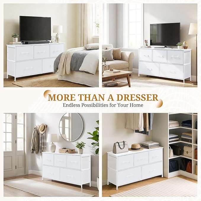 Dresser with 5 Drawers for Bedroom, Fabric Clothes Cabinet for Closet, Anti-Tip TV Stand for 45" TV, Storage Dresser with Metal Frame for Living Room, Entryway, Dorm, White