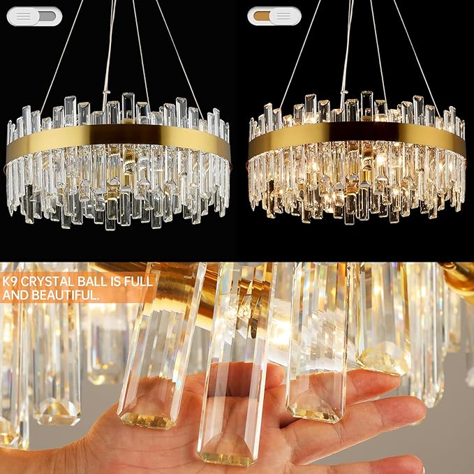 16 Light Gold Crystal Chandelier | Dia 24" Modern Round Crystal Chandeliers for Dining Room | Luxury Ceiling Light Fixture for Living Room | Bedroom | Entryway | Kitchen Island | Foyer