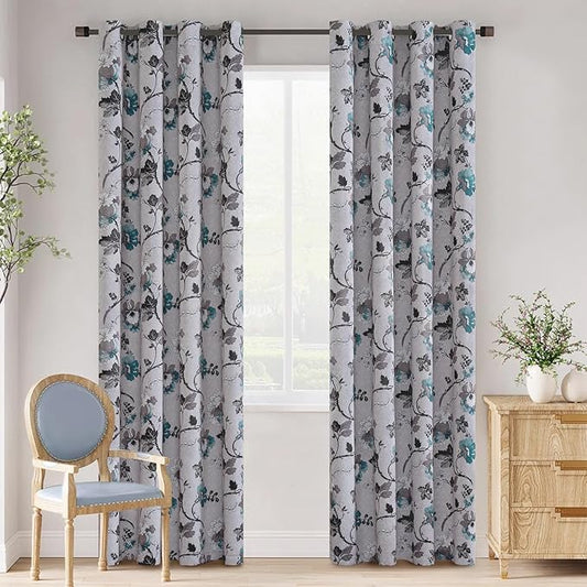 H.VERSAILTEX Blackout Curtains for Bedroom/Living Room Thermal Insulated Printed Curtain Drapes 84 Inches Long Energy Efficient Room Darkening Curtains Pair (2 Panels), Vintage Floral Grey & Teal