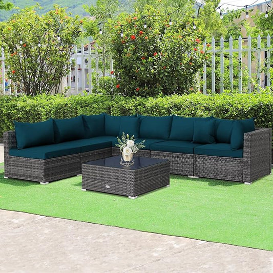 Tangkula 7 Piece Patio Wicker Furniture Set, Outdoor Rattan Sectional Sofa Set for 6 with Seat & Back Cushions, 2 Throw Pillows, Sofa Fastener Clips, for Backyard, Poolside, Deck (Peacock Blue)