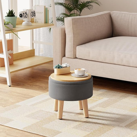 Poofzy Small Ottoman with Storage, Small Foot Stool Ottoman with Wood Legs, Velvet Foot Rest for Couch, Living Room and Bedroom - Gray