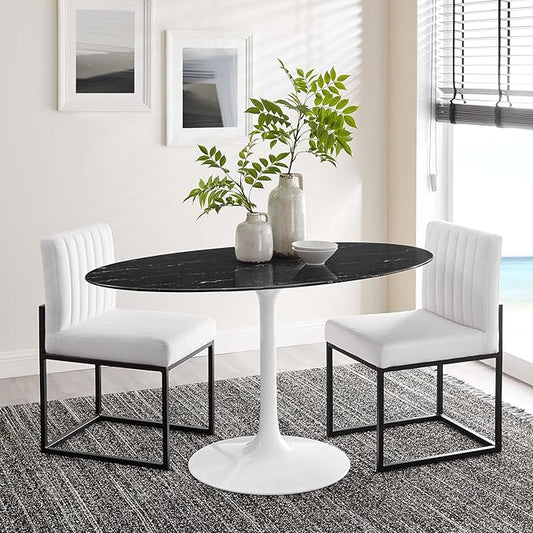 Modway Lippa Oval 54" Artificial Marble Mid-Century Modern Dining Table in White Black