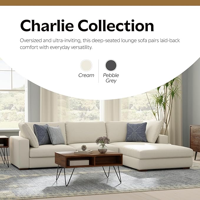 SIMPLIHOME Charlie Right-Facing Sectional Sofa in 100% Recycled Polyester Tightly Woven Performance Fabric, Cream, 122-inches Wide, Handcrafted Contemporary Style L-Shaped Couch with Chaise