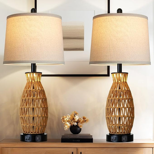 27" Rattan Table Lamps Set of 2 with Night Light, Boho Wicker Bedside Lamp for Bedroom with USB A+C Ports, Coastal Handwoven Woven Nightstand Lamps, Nautical Living Room Lamp for End Table