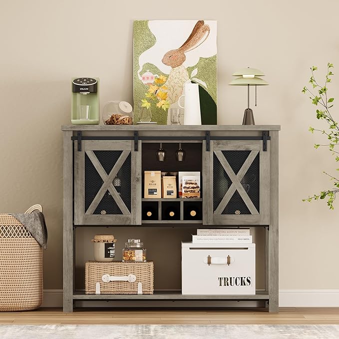 CABIHOME Coffee Bar Cabinet with Storage - Sliding Barn Door Kitchen Buffet, Wood Sideboard Console Cabinet with Wine Rack & Glass Holder for Living & Dining Room, Gray