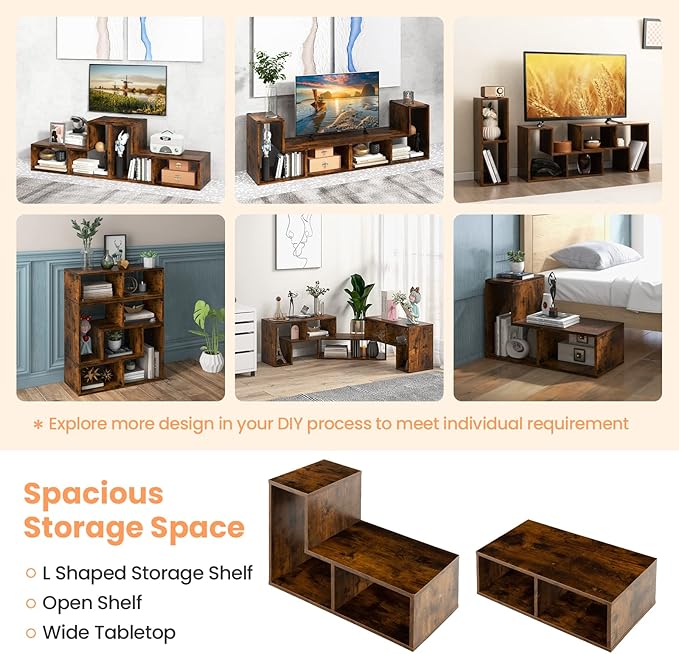 Tangkula 3 Pieces Console TV Stand, Free-Combination Entertainment Center for 50 55 60 65 Inch TV, Minimalist Modern Media Stand, DIY Open Storage Bookcase Shelf for Living Room (Brown)