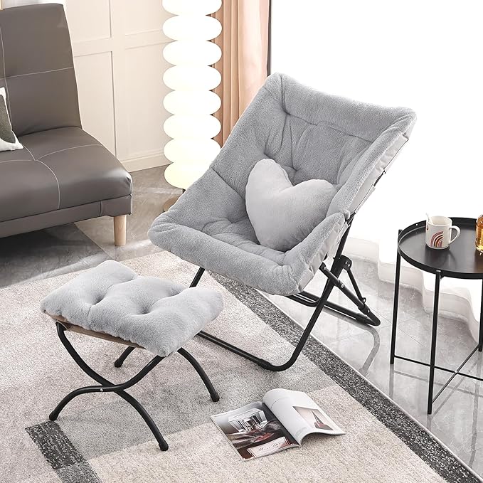 Comfy Saucer Chair with Ottoman, Oversized Folding Faux Fur Chair Soft Furry Lazy Chair with Metal Frame Moon Chair Accent Chair for Bedroom, Living Room, Dorm Rooms, Grey