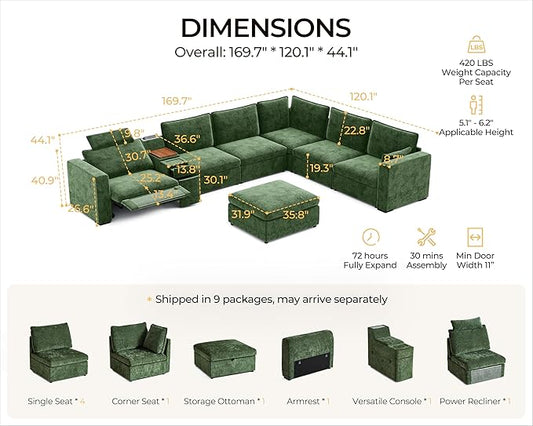 169.7" Oversized Modular Power Recliner Sofa with Headrest, Wall Hugger Cloud Reclining Couch, Drawer Charging Cup Holders, Deep 7-Seater Sectional with Corner and Storage Ottoman, Chenille, Green