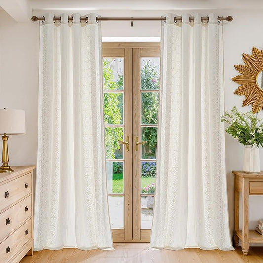 NICETOWN Ivory White Embroidered Trim Cream Linen Curtains 90 inch Long, Farmhouse Drapes for Dining Room, Light Filtering Bronze Grommet Top Vintage Botanical Patterned Panels, W52 x L90, 1 Pair