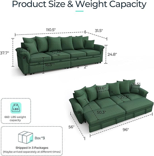LINSY HOME Oversized Sectional Sleeper Sofa with Pull Out Couch Bed (Green, 110.5'') | USB Charging, Pillow-style Armrest, Multiple Cushions, Modular Sofa, Corduroy Fabric
