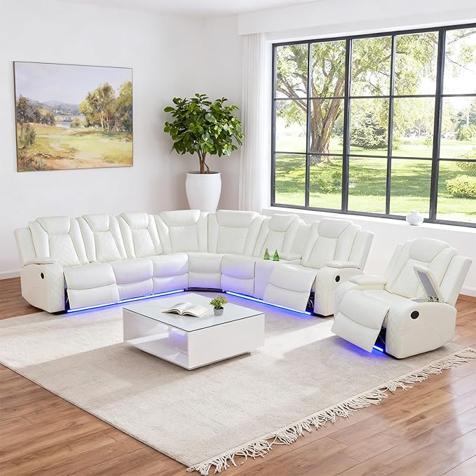 Leather Power Recliner Sectional Sofa Set with LED Light,L Shaped Leather Couch Set with Recliner Chair,Modular Corner Sofa with USB Ports for Living Room Furniture(White, Sectional+Chair)