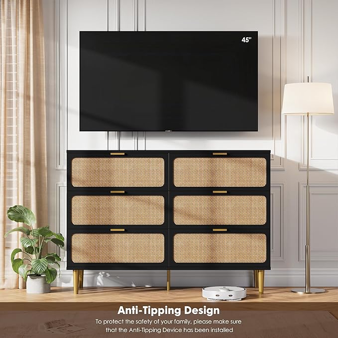 GarveeHome Rattan 6 Drawer Dresser for Bedroom, Large Double Dresser with Deep Drawers, Long Wooden Chest of Drawers for Closet with Wide Top, for Living Room, Hallway, Kids Room, Black