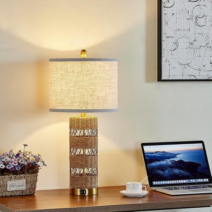 Natural Solid-Color Rattan Table Lamps Set of 2-28" Rustic Bedside Lamps for Nightstand,bedrooms, Living Rooms, or entryways & Rotary Switch,Bulbs in