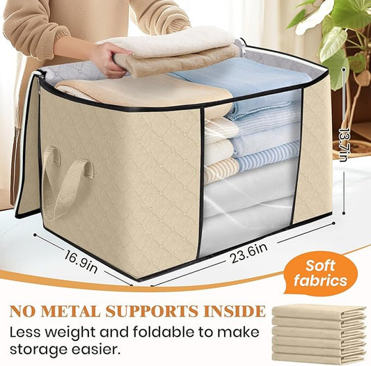 Fab totes 24 Gallons Clothes Storage, Foldable Thick Fabric Blanket Storage Bags, Containers for Organizing Bedroom, Closet, Clothing, Comforter, Organization with Handle (4 Pack,Beige)