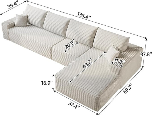 135" Corduroy Couch Sectional with Chaise, L Shape Boneless Cloud Couches for Living Room Bedroom, Fluffy Deep Seat Compression Sofa, Modular Corner Couch No Assembly, Right Facing Chaise, White