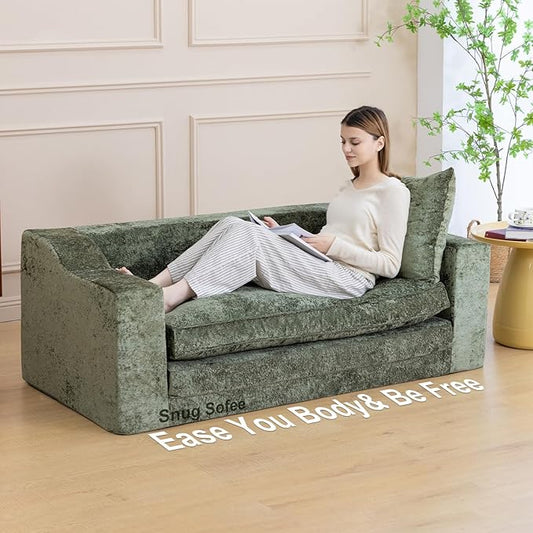 61" Convertible Sofa Bed Loveseat, Memory Foam Boneless Floor Couch with Removable Plush Velvet Cover, Tri-folding Compact Full-size Sleeper for Small Living Room, Playroom, Guest Room, RV (Emerald) | Convertible Sofa Bed, Premium Memory Foam, Ergonomi...
