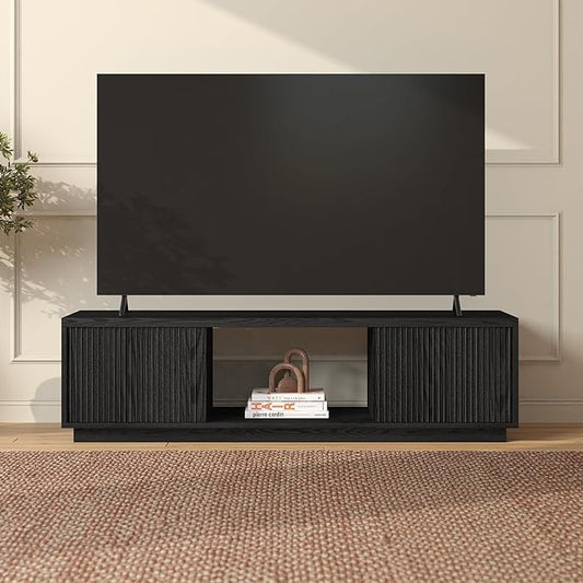 Henn&Hart Fluted TV Stand for TVs up to 65" with 2 Side Storage Cabinets and Open Center Storage for Living Room, Family Room, or Office, Natural Black