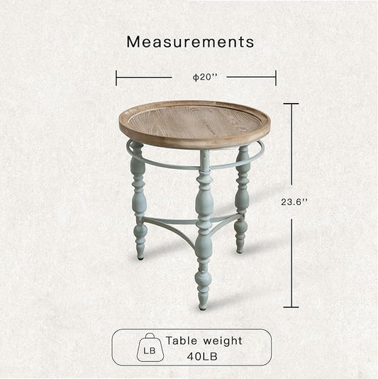 Rustic Farmhouse Round End Table, French Country Vintage Side Table,φ20.1'' x 23.6''H Rustic Solid Wood with Vintage Iron Legs, for Living Room, Bedroom, Small Spaces,Nature White