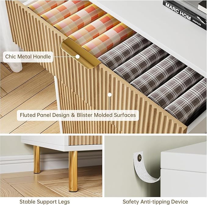 IDEALHOUSE Natural Dresser, Modern 5 Drawer Dresser for Bedroom with Gold Handle and Large Drawer, Wood Double Chest of Drawers and Storage Organizer for Living Room, Hallway, Entryway