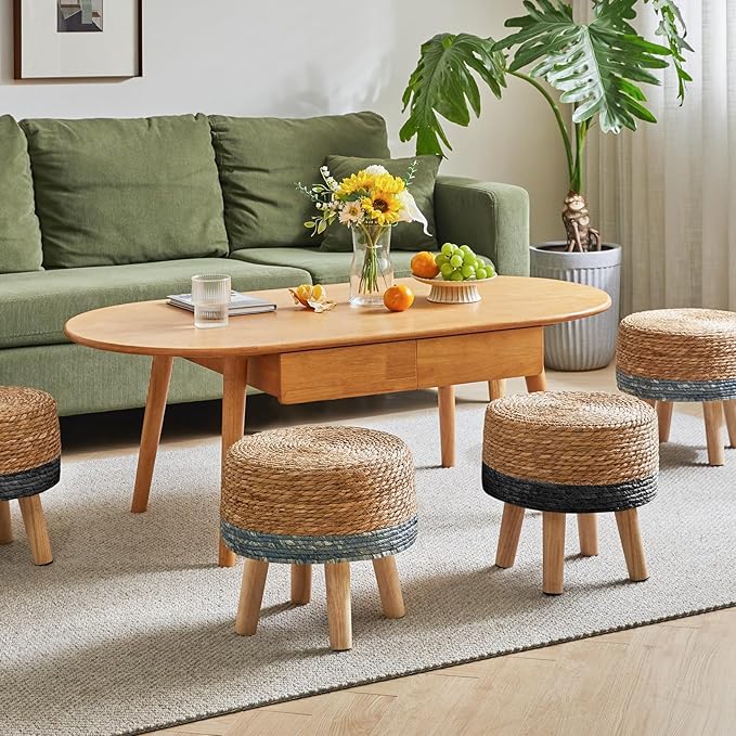 YMYNY Foot Stool Natural Seagrass Hand Weave, 12.6" Small Ottoman, Round Footrest for Living Room, Bedroom, Entryway, Change Shoes Stool, Non-Skid Wood Legs, Boho, Natural+Black UHBD027B