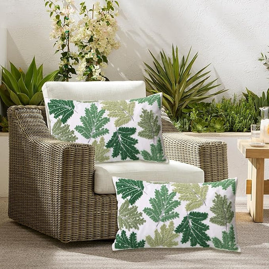 Set of 2 Embroidered Decorative Throw Pillow Covers Couch Square Pillowcases Cushion for Bedroom Sofa Farmhouse Decor 18x18 Inch (Green Maple Leaf-Lumbar)