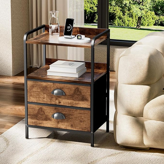 Night Stand with 2 Fabric Drawer and Sturdy Metal Frame, Lightweight & Durable -55LB Load Capacity, Wear-Resistant & Easy-Clean Surface,Rustic Brown Modern