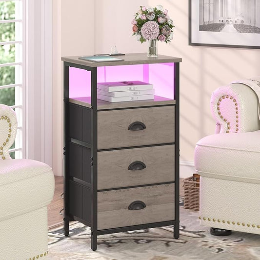 Nightstand with Charging Station,LED Nightstand with 3 Fabric Drawers, Bedside End Tables, 2-Tier Open Storage Shelf, Side Table Nightstand with Drawers for Bedroom,Grey
