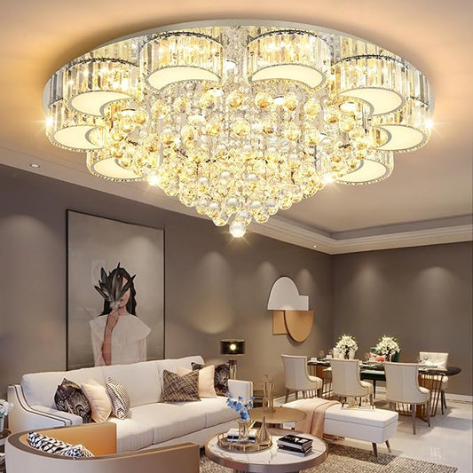 39.4'' Silver Modern Crystal Chandeliers for Dining Room LED Dimmable Light Fixtures Flush Mount Light Living Room Bedrooms