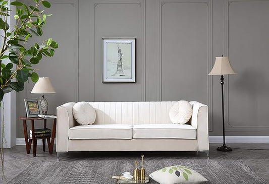 Glory Furniture Delray Velvet Upholstered Sofa in Ivory/Chrome Legs