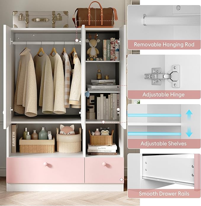 White Armoire Wardrobe Closet with Hanging Rod - Freestanding 3-Door Wooden Wardrobe Cabinet Closet for Bedroom & Dorm, Bedroom Armoires, Features Adjustable Shelves and Drawers for Toys & Clothes