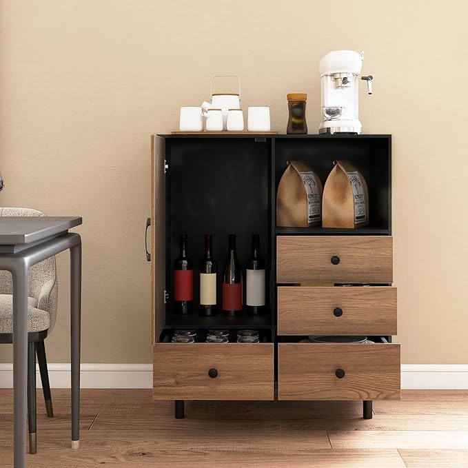 Giantex Storage Cabinet with 4 Drawers, Door and Open Compartment, 18" x 31.5" x 38.5" Inches, Metal Support Legs, Freestanding Side Cabinet, Buffet Sideboard for Living Room, Dining Room, Entryway