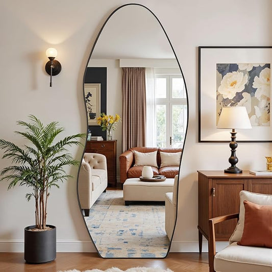 Antok Full Length Mirror, 68"x26" Floor Mirror with Stand, Standing Hanging Leaning Irregular Mirrors for Bedroom Living Room Entryway, Wavy Shaped, Black