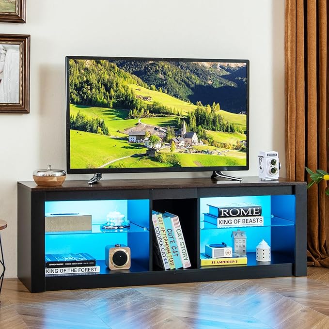 Tangkula LED TV Stand for 65 Inch TVs, Gaming Entertainment Center w/Open Storage, Adjustable Tempered Glass Shelves, Modern Media TV Console Table for Living Room Bedroom (Rustic Brown)
