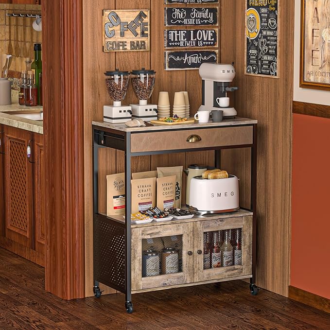 X-cosrack Large Coffee Bar Cabinet,3 Tiers Kitchen Coffee Cart with Drawer for The Home, Movable Farmhouse Station Table on Wheels for Living Room, Entryway, Dining Room, Kitchen