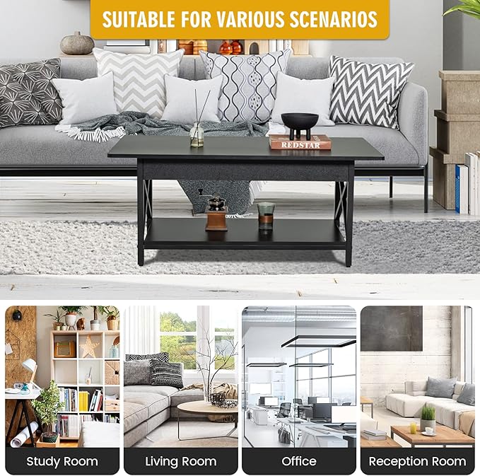 COSTWAY Industrial Coffee Table, 2-Tier Wood Cocktail Tea Table with Storage Shelf and X-Shape Steel Frame, Rectangle Sofa Side Accent Table for Living Room Home Office, Black