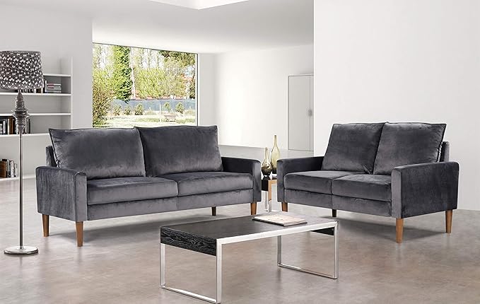 Container Furniture Direct Petit Mid Century Modern Velvet Loveseat for Small Spaces, Upholstered 2 Seater Couch for Living Room and Bedroom, Easy Assembly, Grey