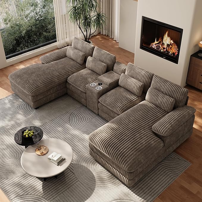 133" Oversized U Shaped Cloud Couch Modular Sectional Couches for Living Room Comfy Corduroy Deep Seat Sofa Set with Double Chaise Lounge, Storage Central Console, Cup Holders, USB Port, Brown