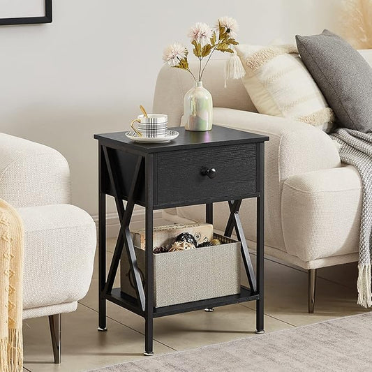 VECELO Nightstands Set of 2,End Tables with Storage Shelf&Fabric Drawer,Side Tables for Bedroom,Living Room,Small Spaces,Black