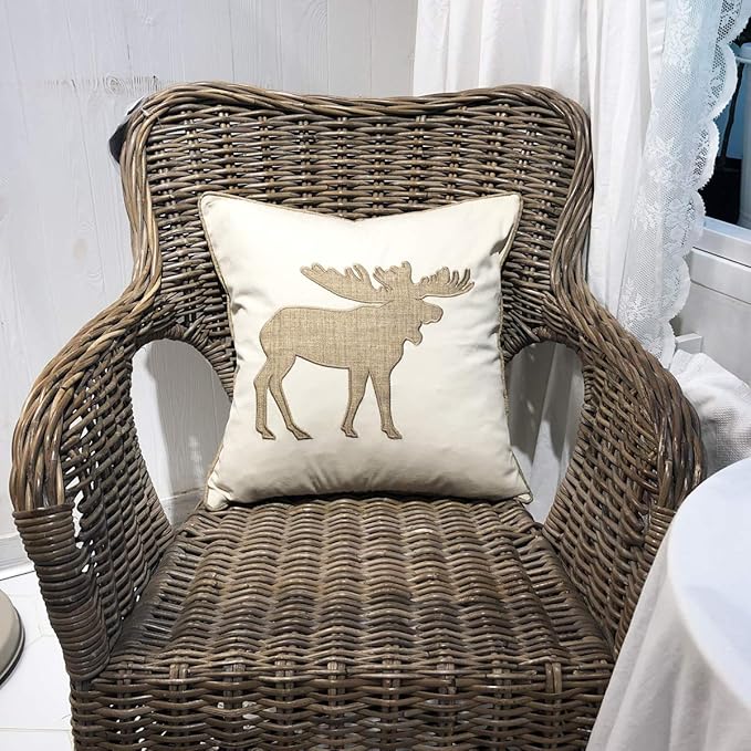 Embroidered Throw Pillow Covers Moose Pattren 18x18 Inches for Living Room Cotton Cushions Covers (Khaki)