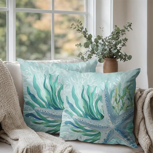 Summer Starfish Pillow Covers Nautical Coastal Beachy Outdoor Throw Pillow Covers 20x20 Inch Set of 2 Ocean Coral Seagrass Decorative Cushion Covers for Bed Couch Sofa Living Room